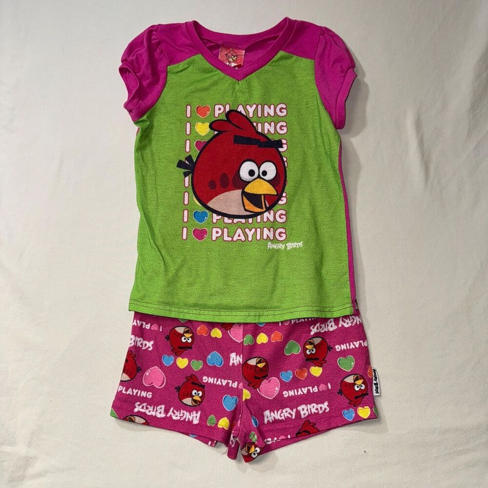 Angry Birds Pajama Set Girl's 8 Short T-shirt Pink Green PJs Spring Cozy Game
